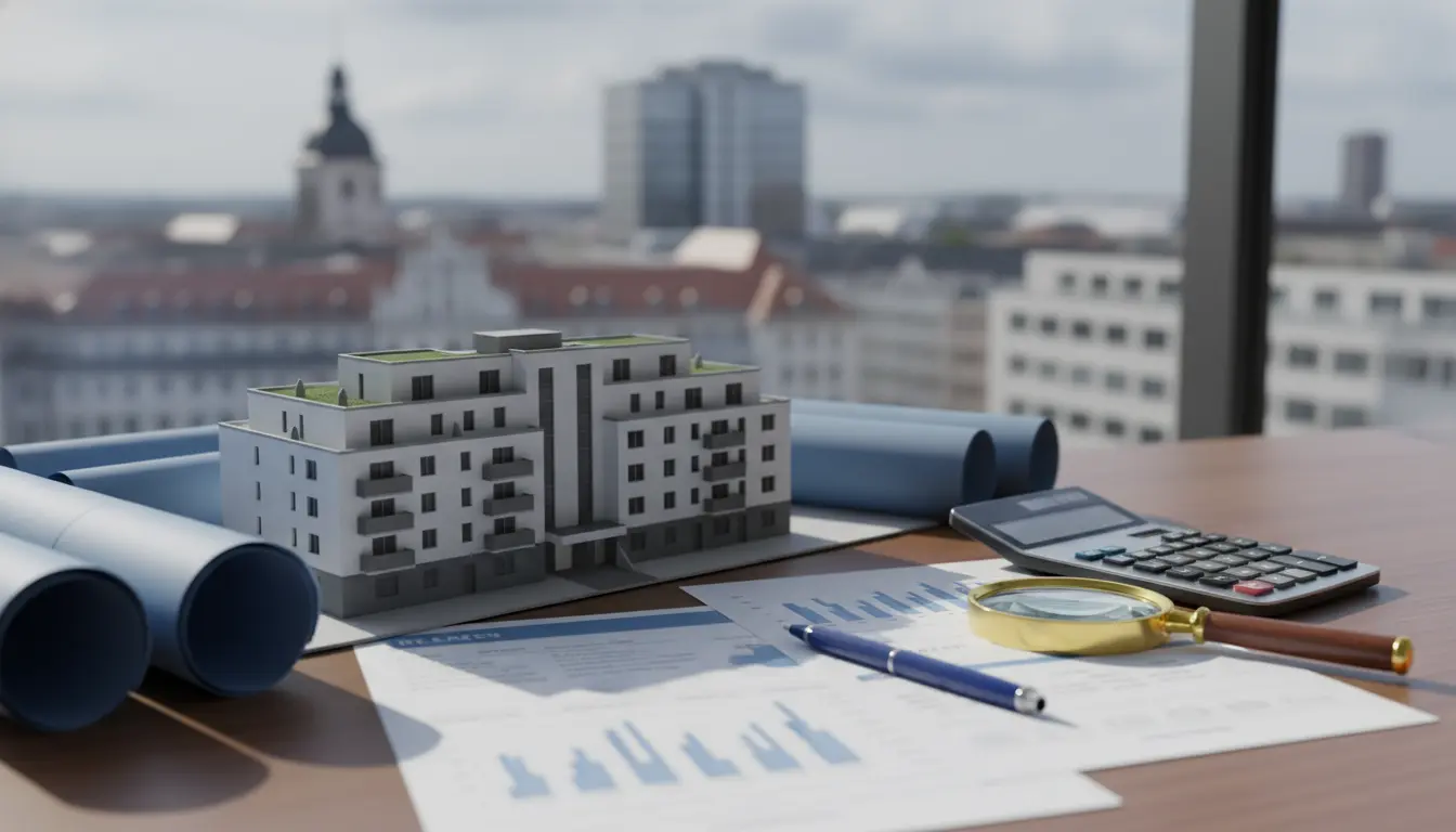 Architekturmodell eines Wohngebäudes mit Plänen und Lupe.