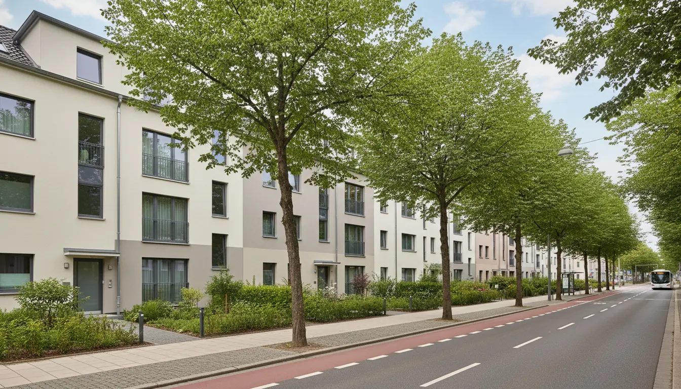 Moderne Wohnhäuser an einer baumbestandenen Straße mit Bus.