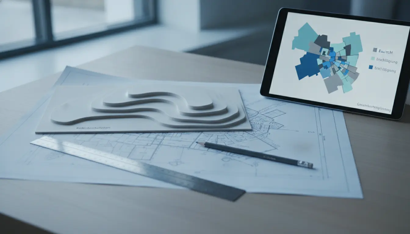 Architekturpläne, 3D-Modell und Tablet-Diagramm auf Schreibtisch