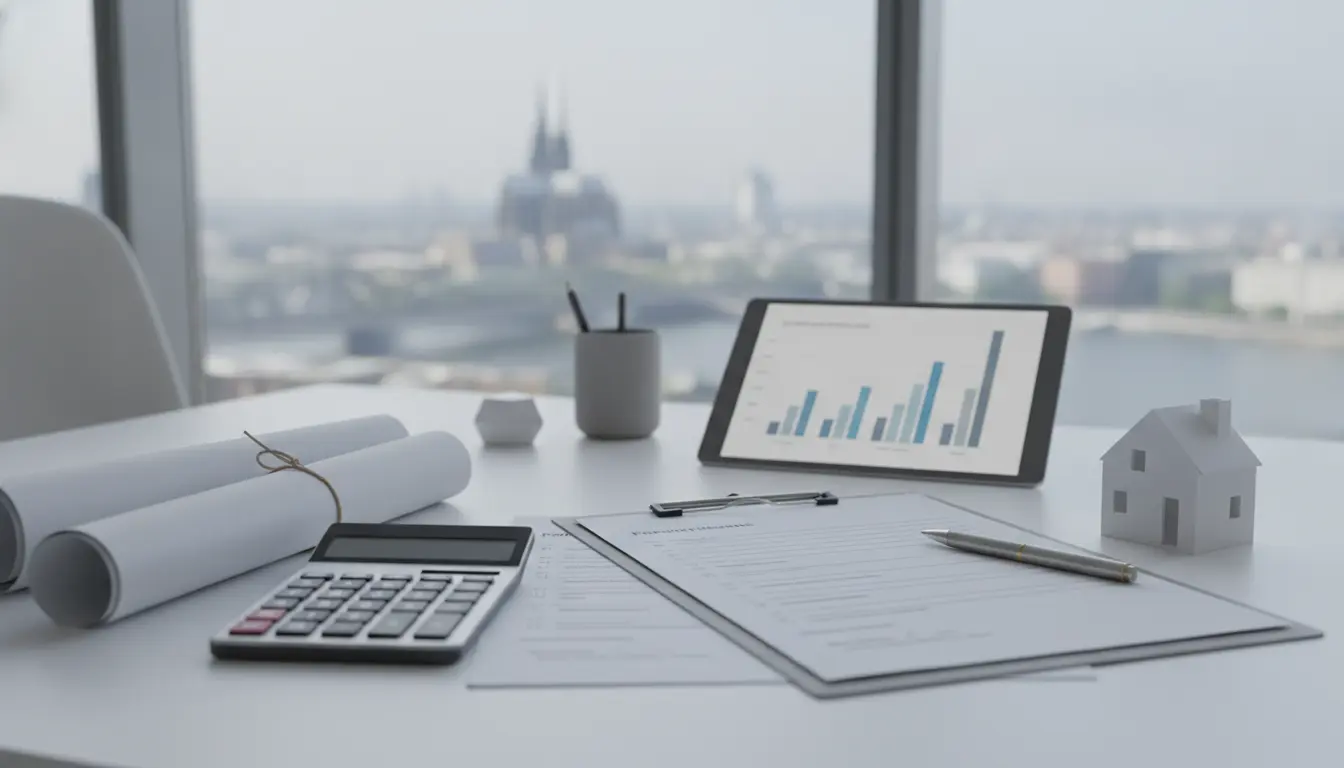 Schreibtisch-Setup mit Diagrammen auf Tablet, Unterlagen, Modellhaus.