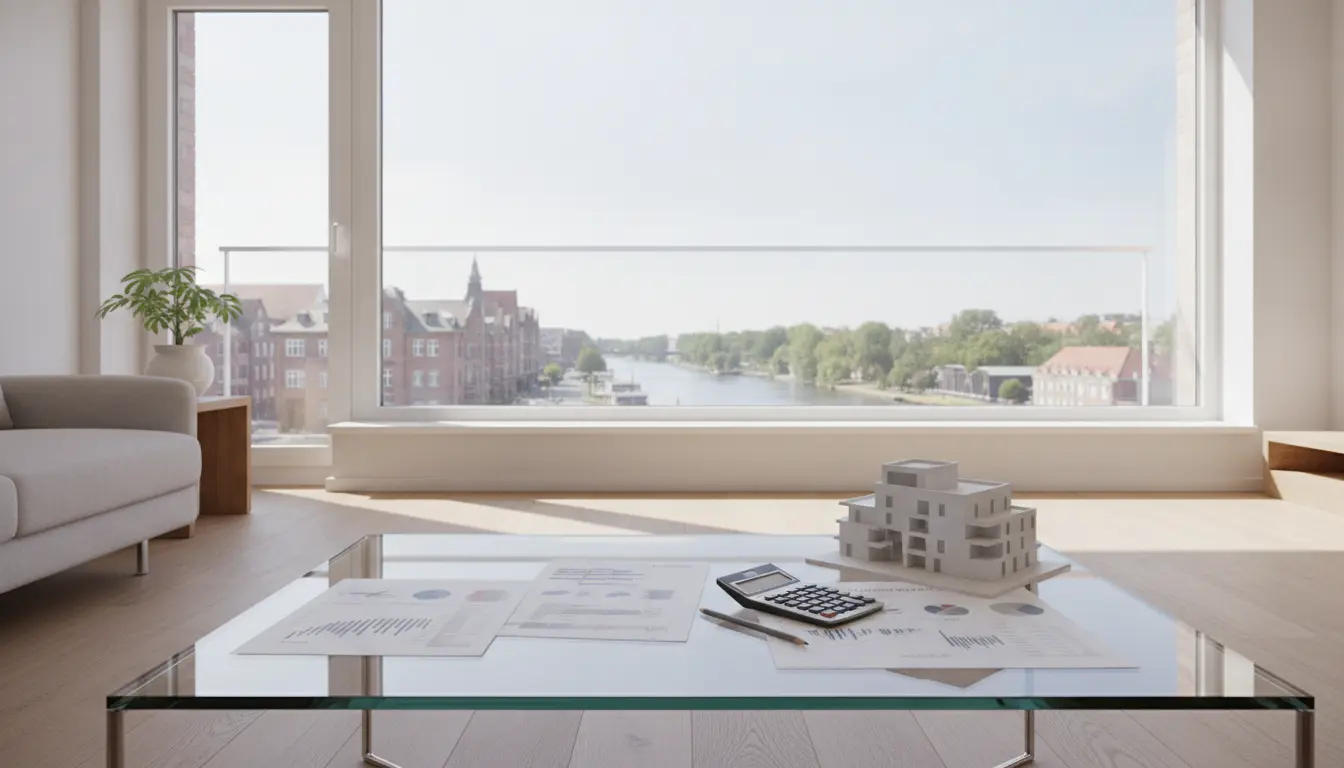 Helles Wohnzimmer mit Glas-Couchtisch, Modellhaus und Unterlagen, Blick zum Fluss.