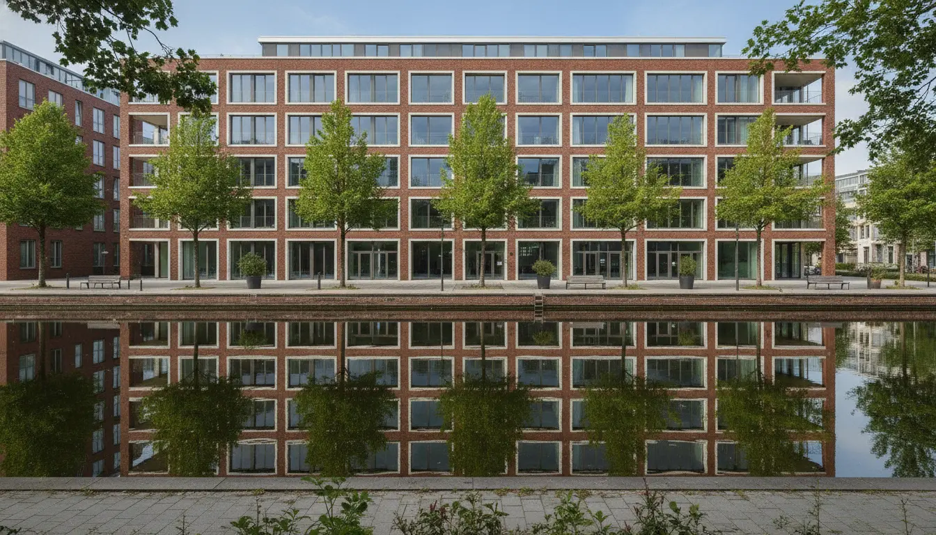 Rotes Backsteingebäude am Wasser, Bäume und Spiegelung.