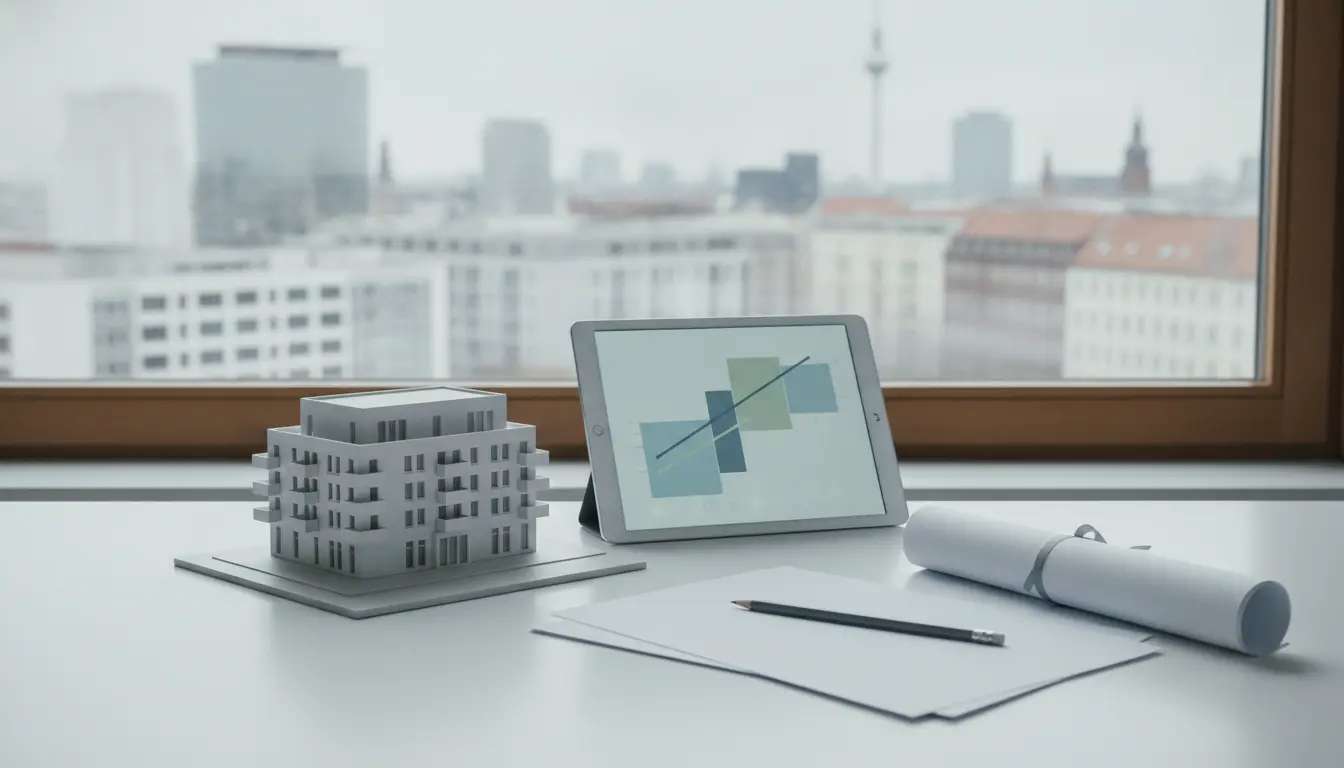 Architekturmodell, Tablet mit Diagrammen, Baupläne auf dem Schreibtisch.