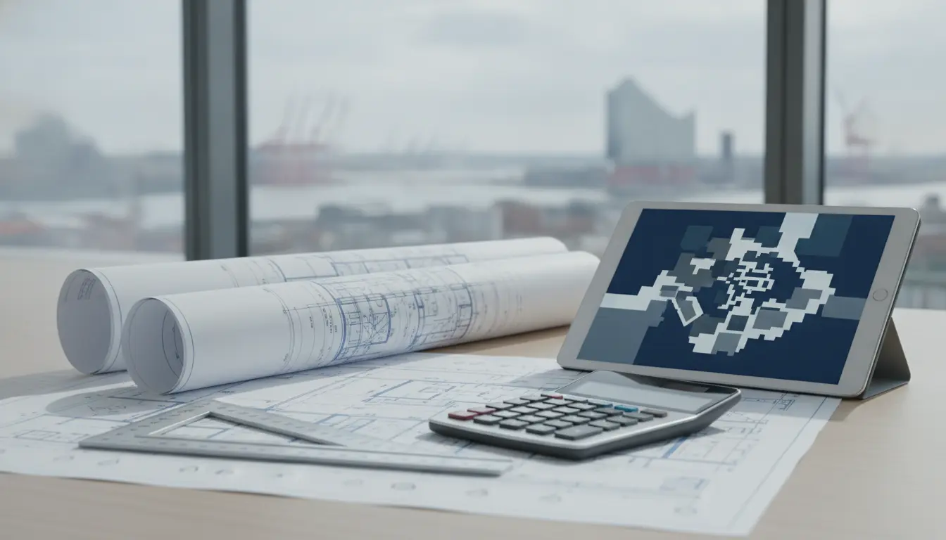 Architekturpläne auf dem Tisch, Tablet zeigt 3D-Modell