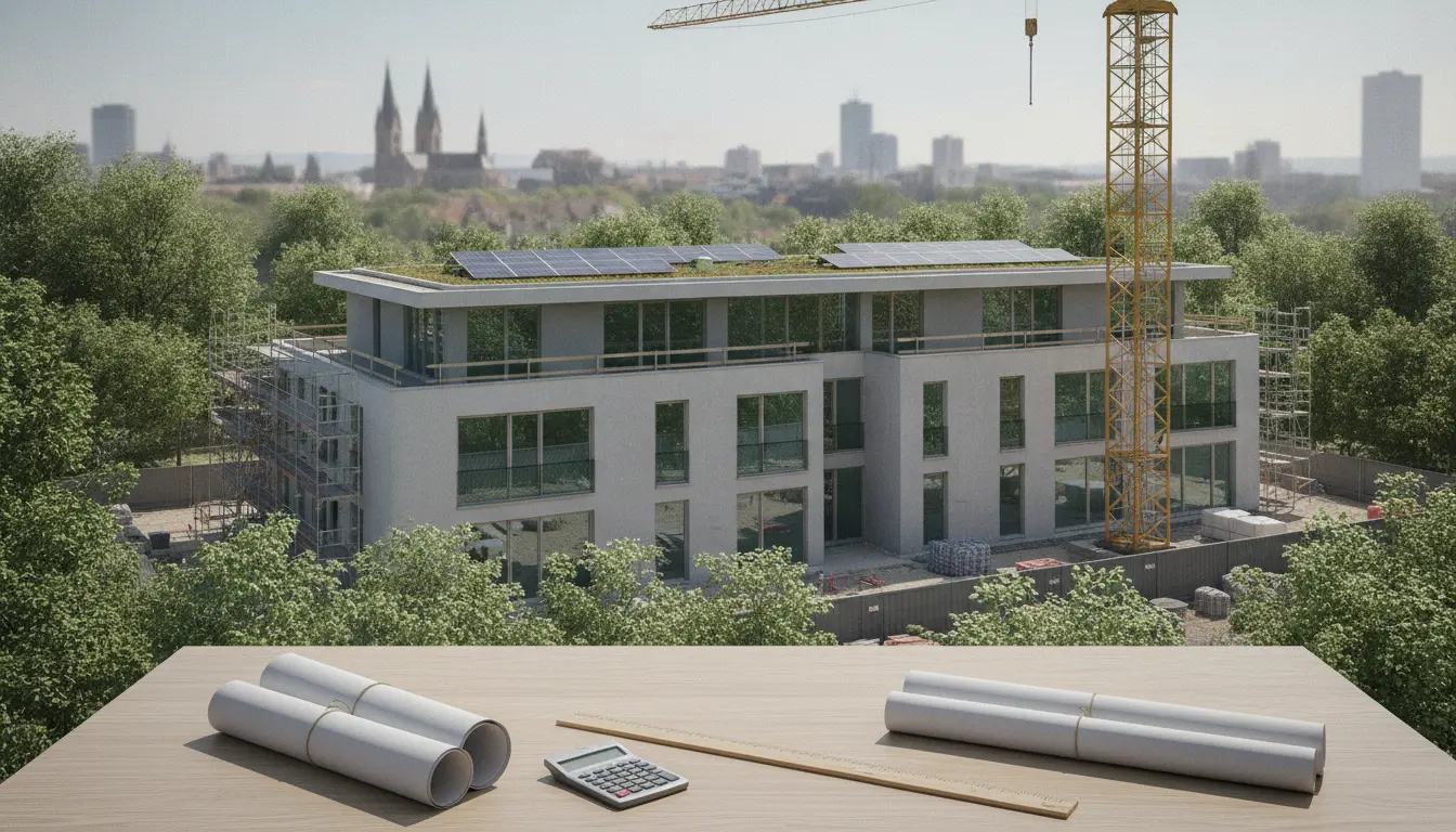 Moderne Wohnanlage im Bau mit Kran und Blaupausenrollen