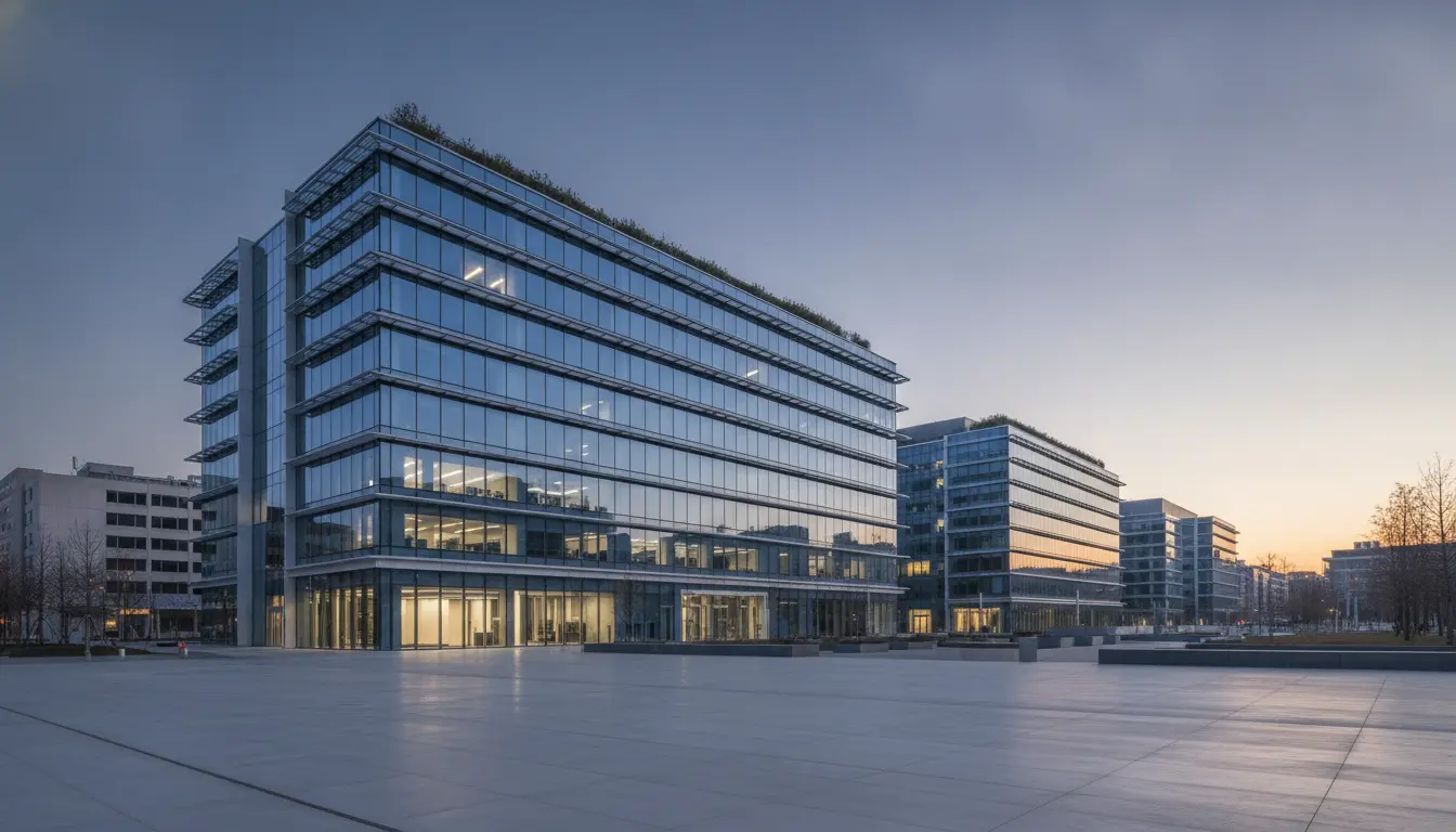 Moderne Glasbürogebäude am Platz bei Sonnenuntergang.