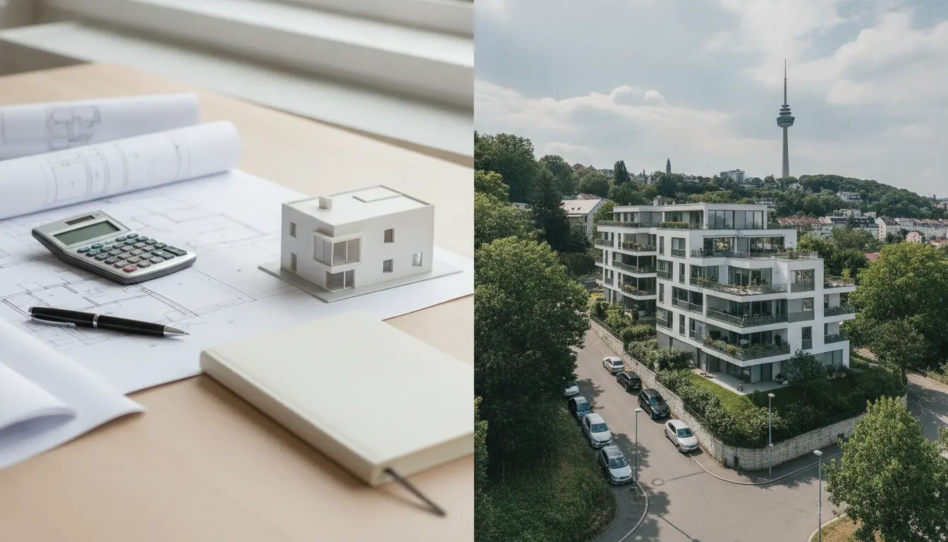 Architekturpläne, Modellhaus und moderne Wohnanlage.