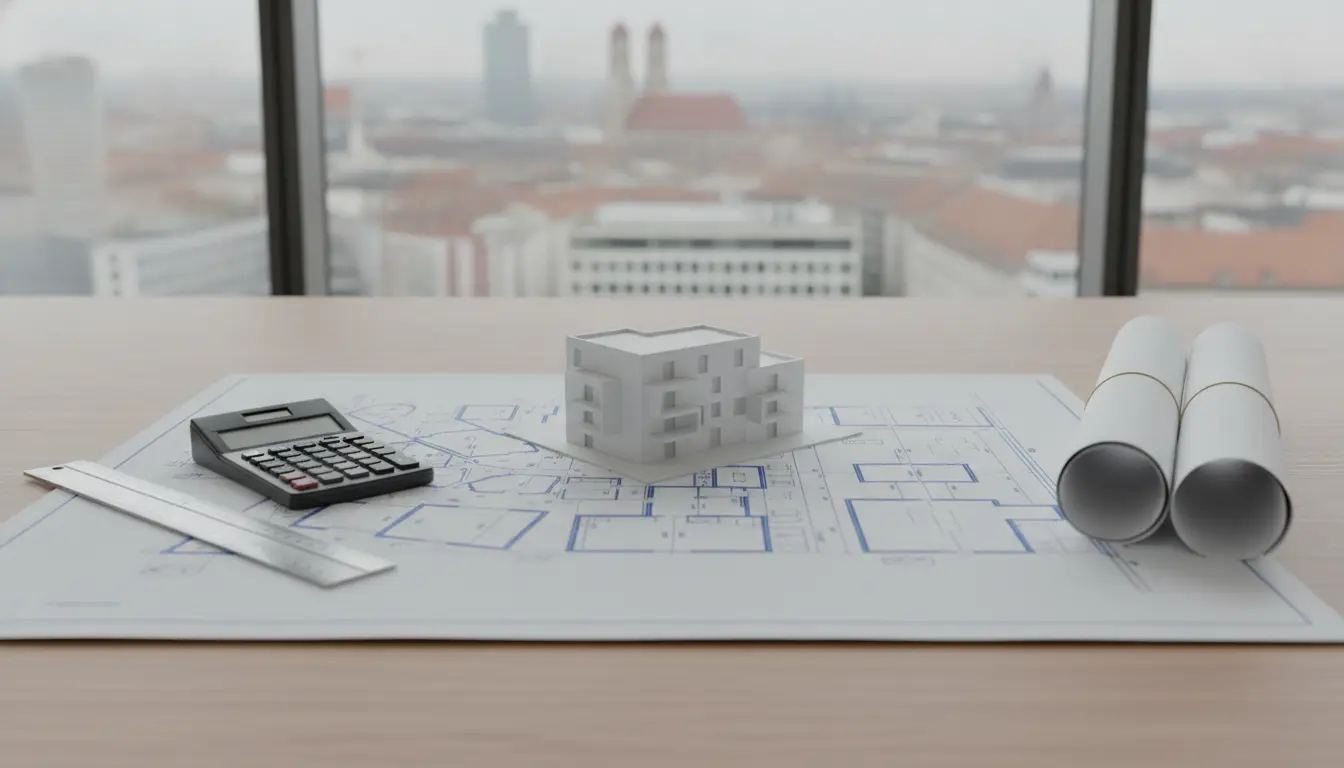 Architekturpläne, Modellhaus und Messwerkzeuge auf Schreibtisch.
