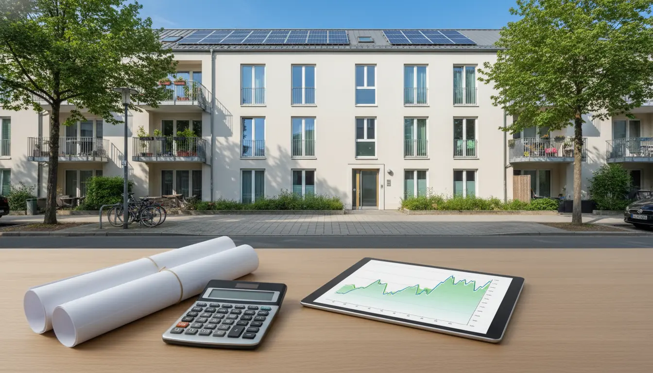 Außenansicht eines modernen Mehrfamilienhauses mit Solarpanelen; Baupläne, Taschenrechner und Tablet.
