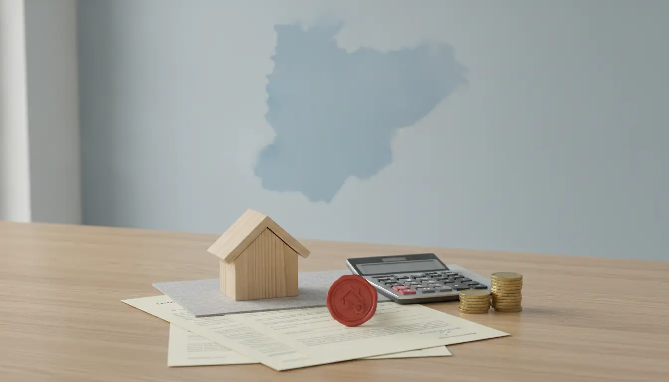 Kleines Holzhaus-Modell, Dokumente, Taschenrechner und Münzen auf Schreibtisch