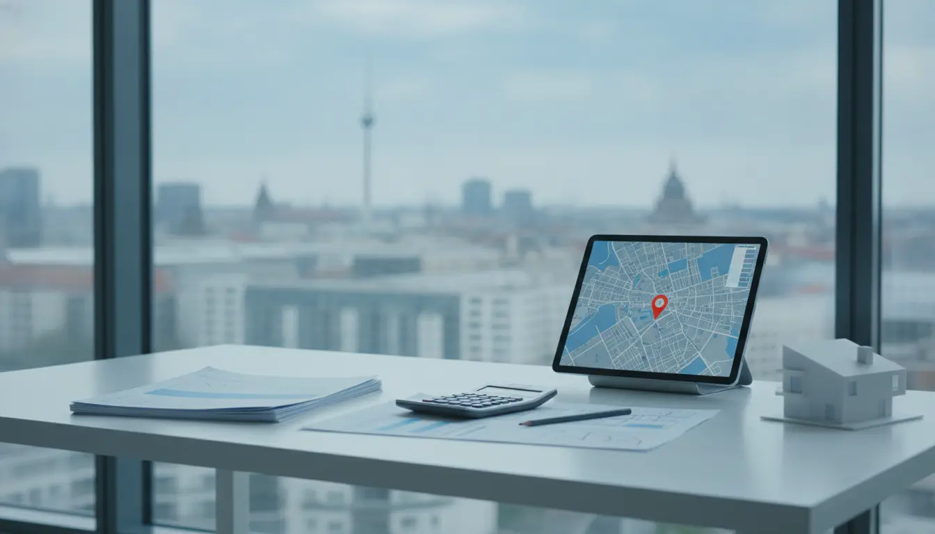 Schreibtisch im Büro mit Tablet, Karten-Pin, Akten, Modellhaus