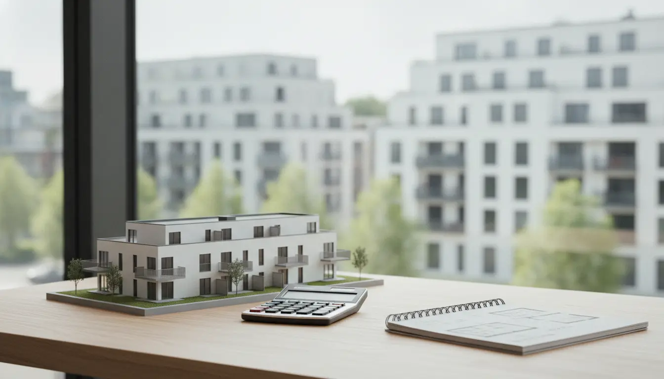 Modell eines modernen Wohnkomplexes auf Schreibtisch mit Taschenrechner