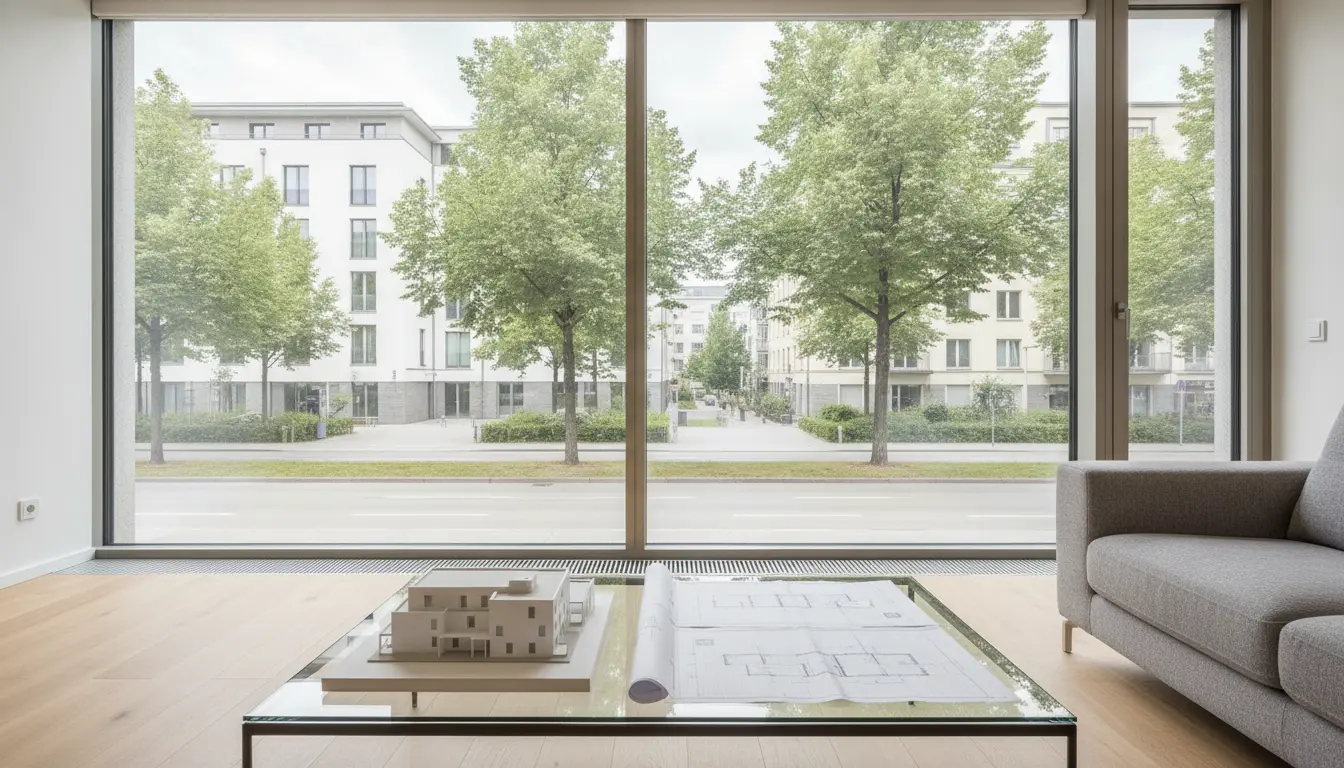 Moderne Wohnung mit bodentiefen Fenstern und Architektenmodell.