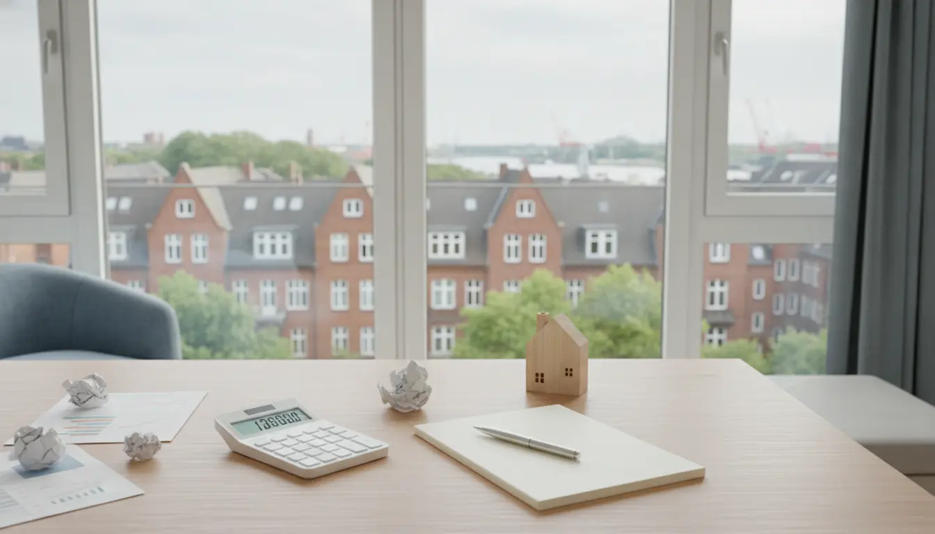 Schreibtisch mit Modellhaus, Taschenrechner und Unterlagen