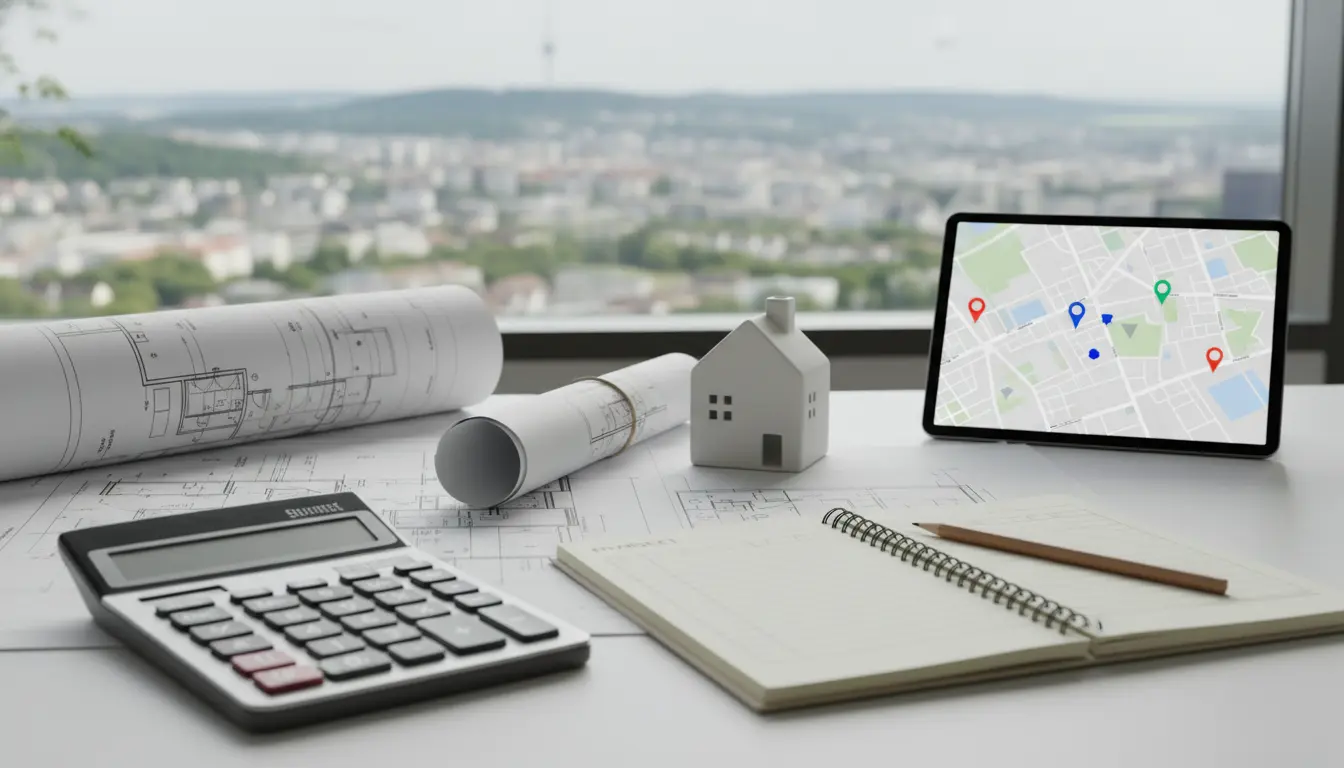 Architekturpläne, Modellhaus, Skizzenbuch, Taschenrechner und Tablet mit Kartenausschnitt