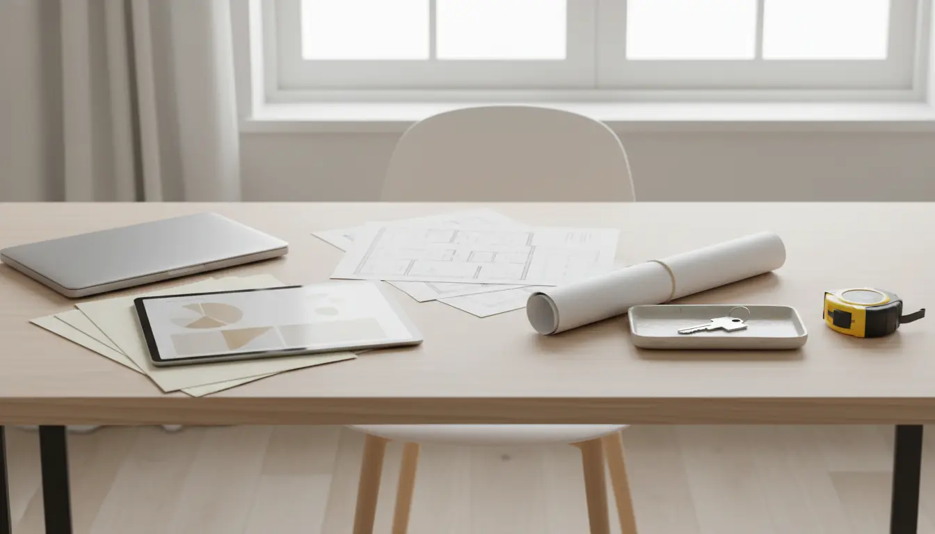Arbeitsplatz mit Tablet, Bauplänen und Schlüsselbund.
