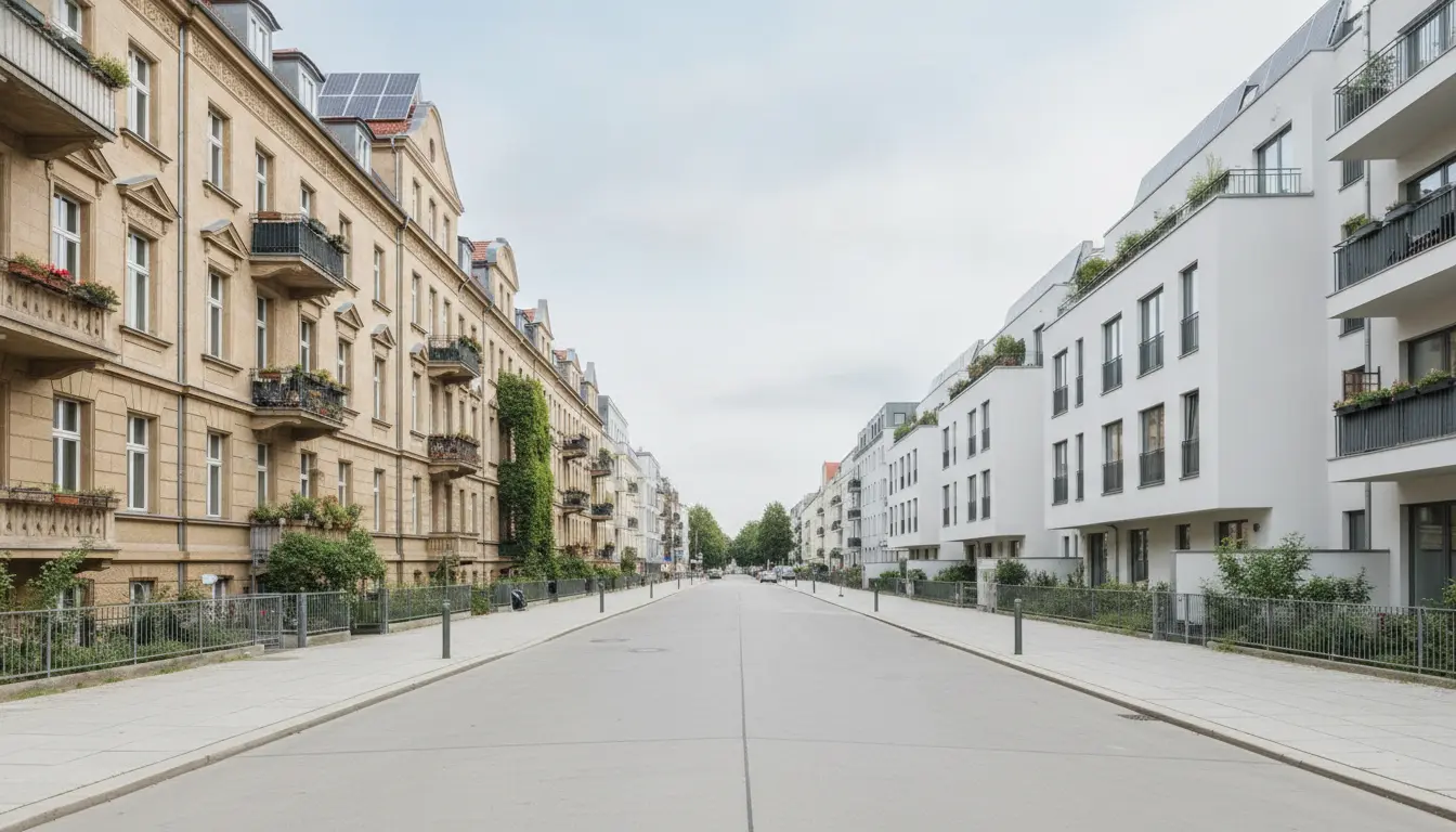 Straße zwischen historischen Altbauten links und modernen Neubauten rechts.