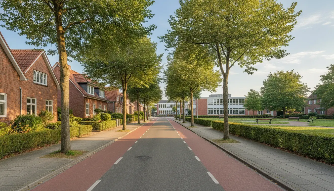 Baumgesäumte Straße mit Backsteinhäusern links, modernes Gebäude am Ende.