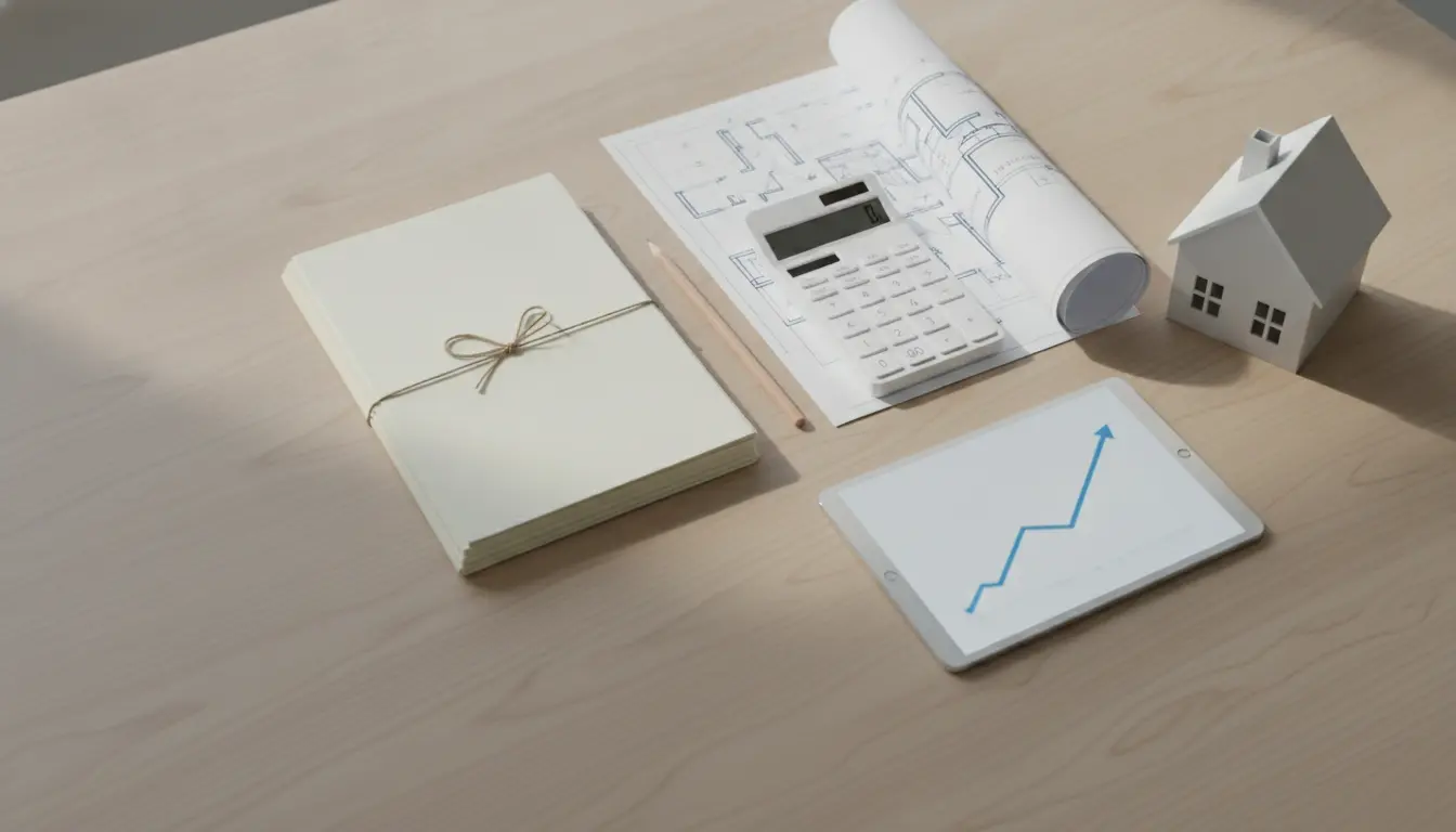 Schreibtisch mit Geschenkbox, Bauplänen, Modellhaus und Tablet