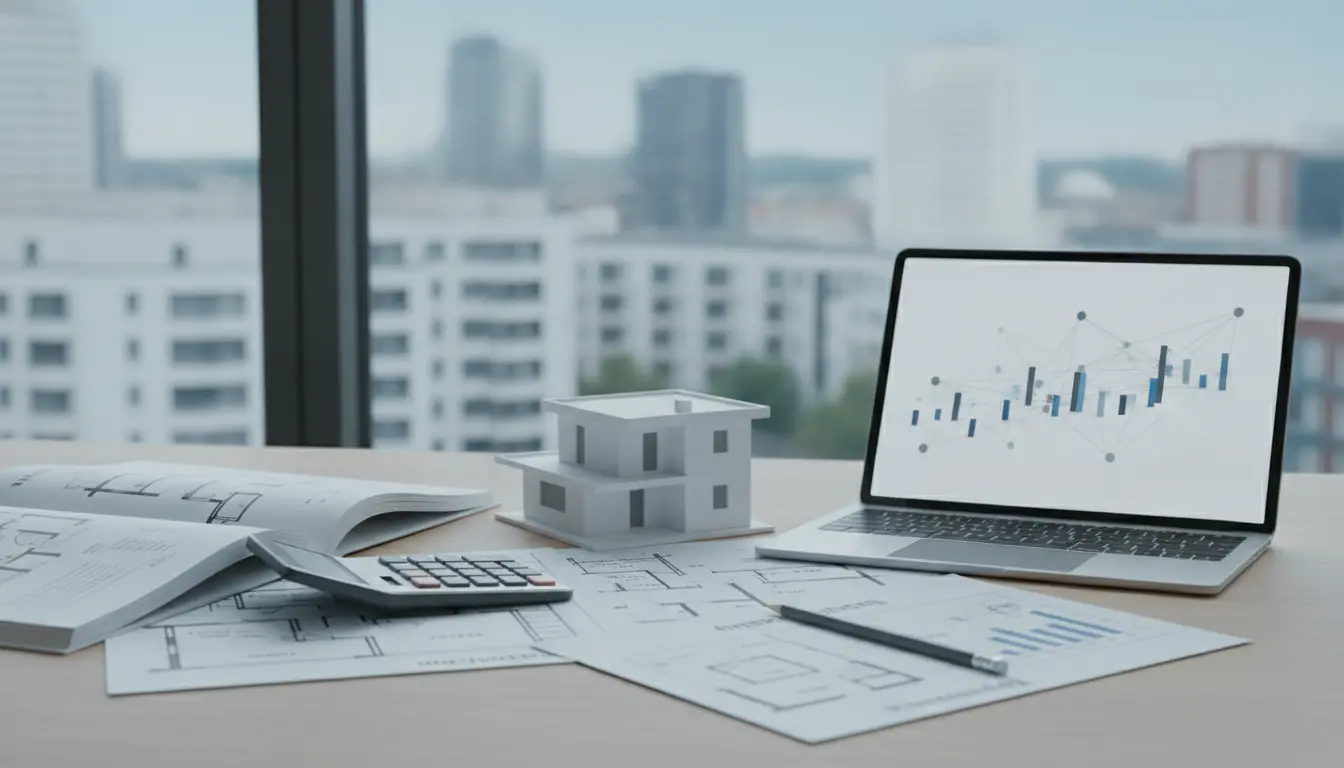 Büroarbeitsplatz mit Bauplänen, Modellhaus und Laptop.