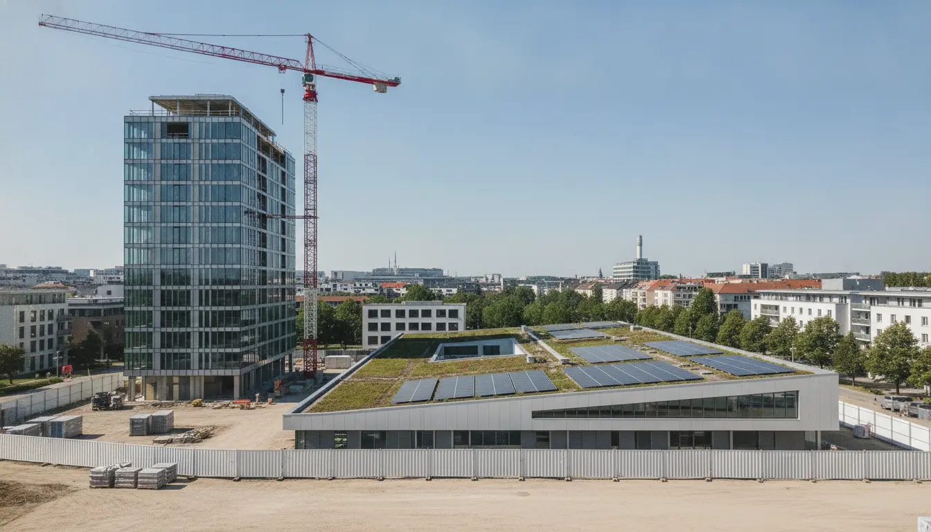 Baukran neben modernem Glashochhaus, Dach mit Solarmodulen.