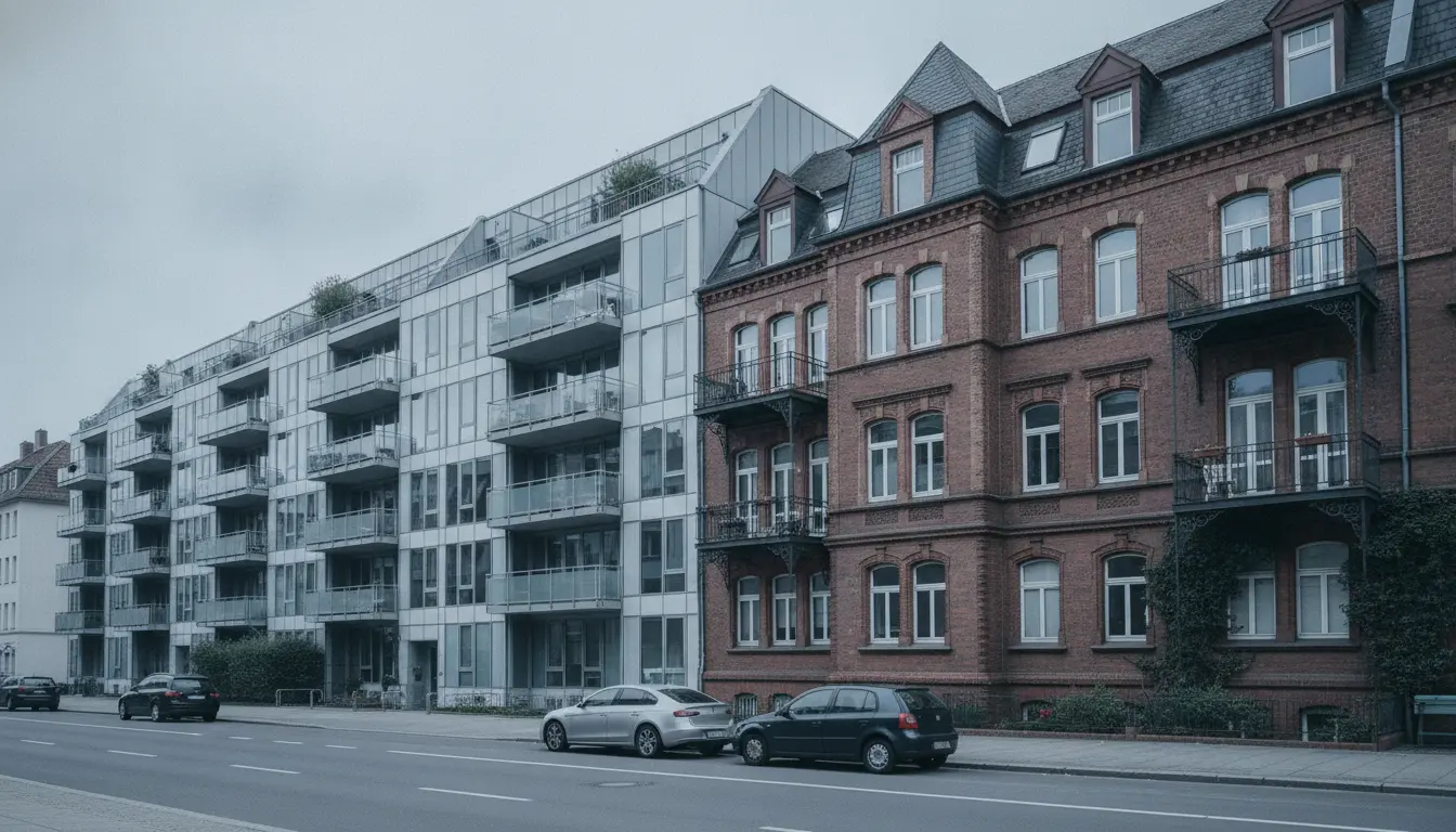 Straße zwischen modernem Glas-Neubau und rotem Backsteinbau.
