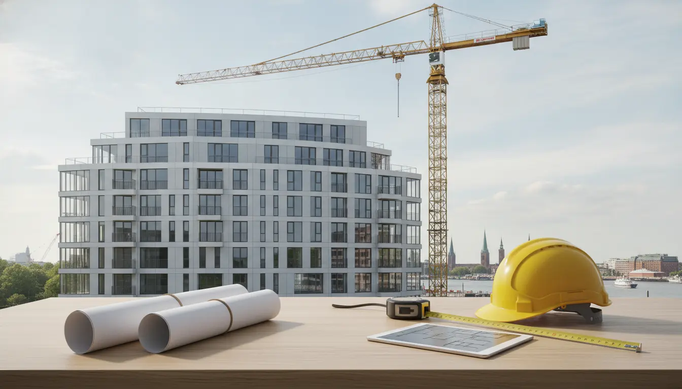Baustelle vor moderner Wohnanlage, Kran und Arbeitshelm