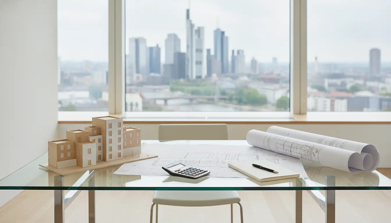 Architekturmodelle, Baupläne und Taschenrechner auf Glas-Tisch.