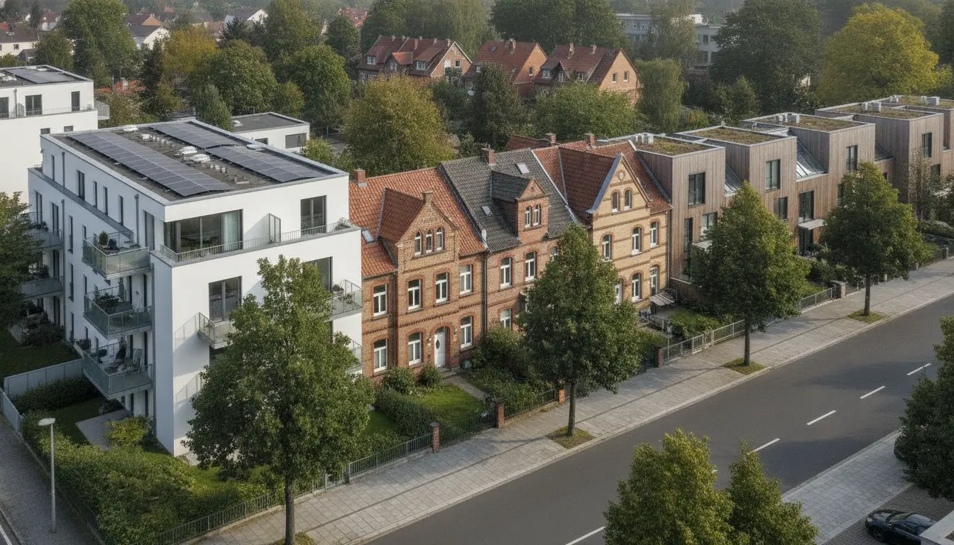 Moderne weiße Wohnanlage neben roten Ziegelhäusern entlang der Straße.