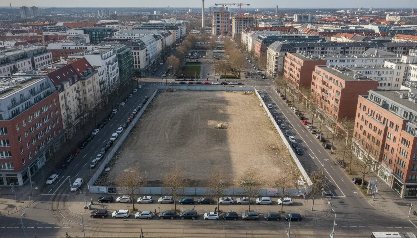Luftaufnahme eines leerstehenden Grundstücks zwischen Straßen und Gebäuden.