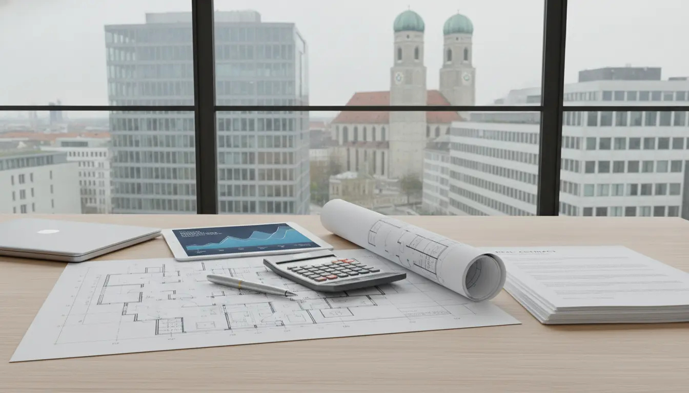 Büroarbeitsplatz mit Bauplänen, Tablet und Taschenrechner.