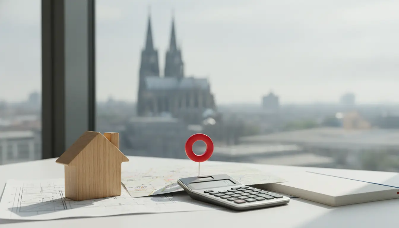 Schreibtisch mit Modellhaus, Karten und Standortpin