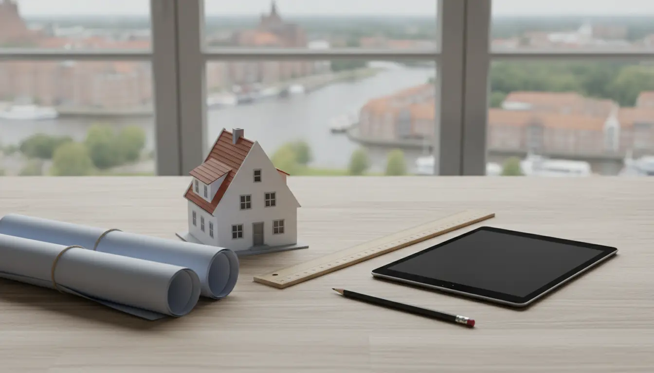 Modellhaus, Baupläne und Tablet auf Schreibtisch mit Stadtblick