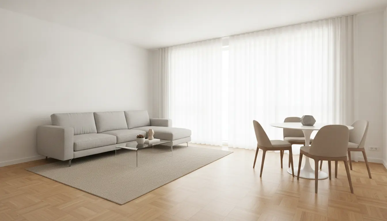 Helles, minimalistisches Wohnzimmer mit Sofa und Esstisch.