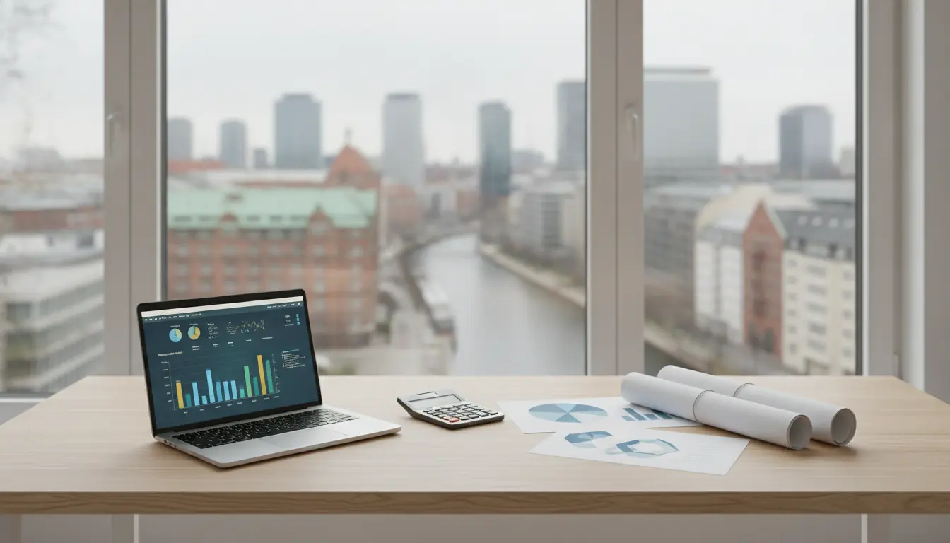 Arbeitsplatz im Büro mit Laptop, Diagrammen und Stadtblick.