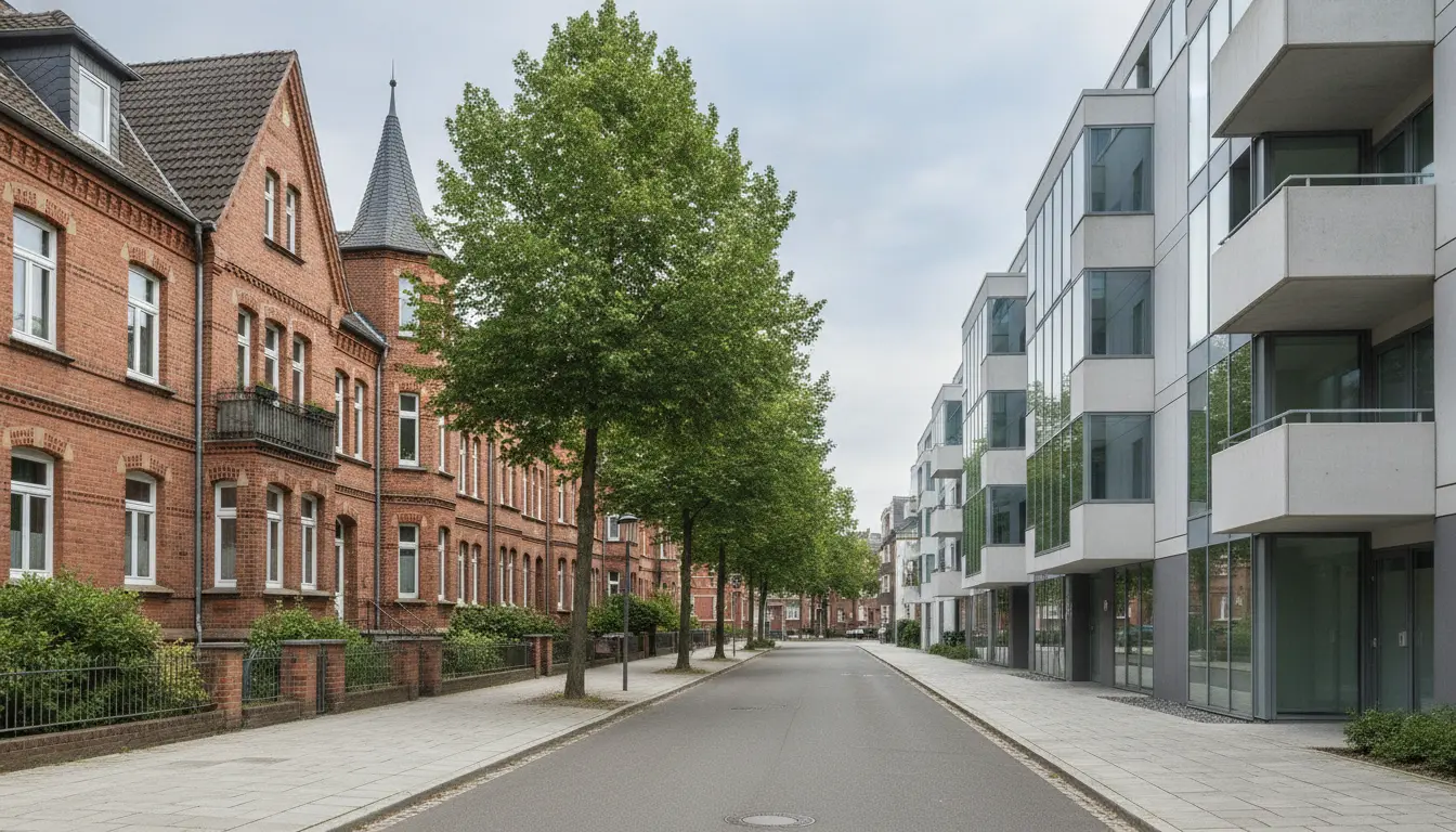 Straße mit roten Backsteingebäuden links, modernen Gebäuden rechts, Bäumen in der Mitte.