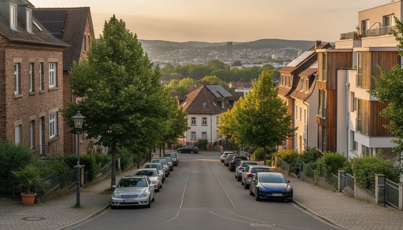 Wohnstraße mit Bäumen, geparkten Autos und Häusern.
