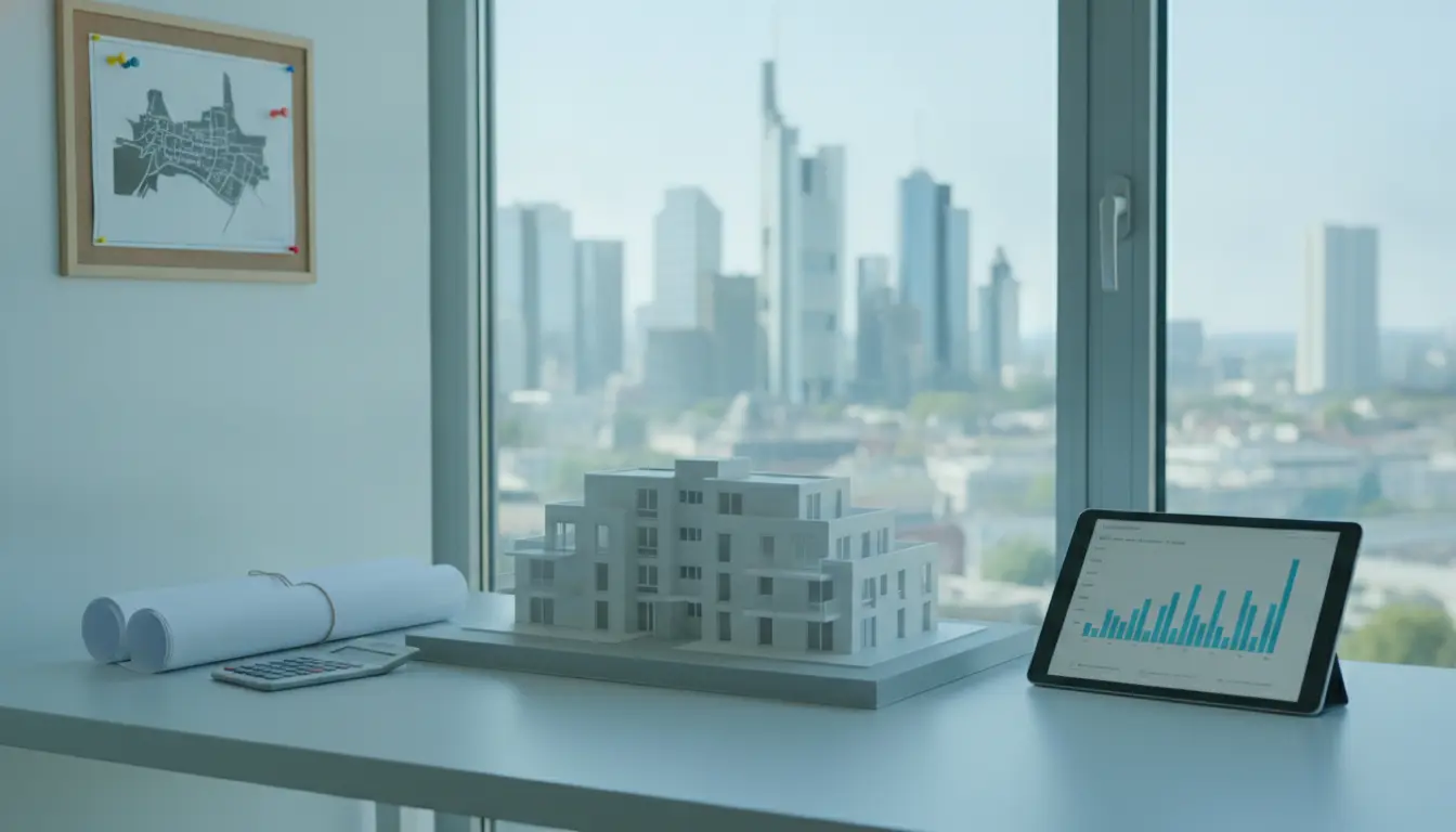 Schreibtisch mit Gebäudemodell, Plänen und Tablet-Grafik.