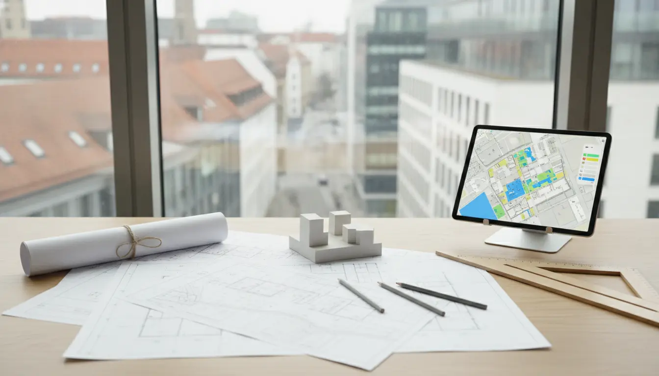 Architektur-Entwurfstisch mit Plänen, Modell und Tablet.