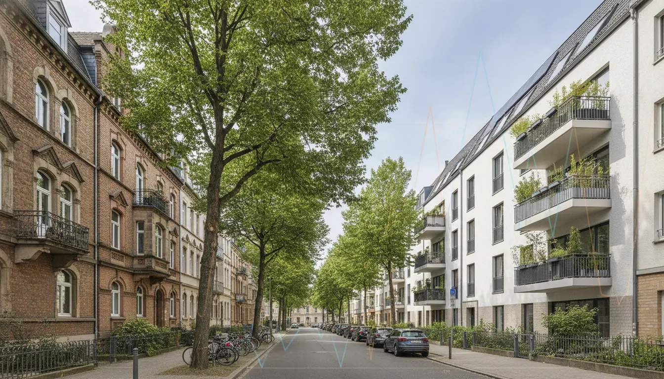 Straße mit Bäumen zwischen Altbau und Neubau, Fahrräder.