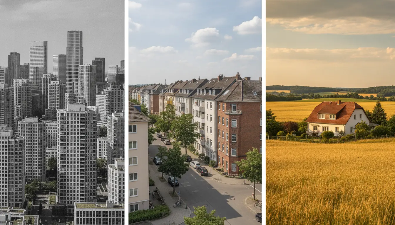 Städtische Hochhäuser, ruhiges Wohnviertel und ländliche Feldlandschaft.