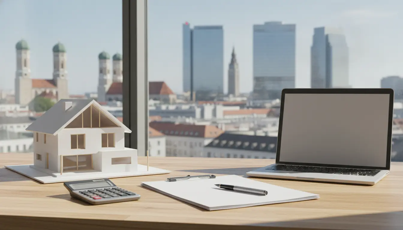 Modellhaus, Laptop, Notizblock und Taschenrechner auf Holztisch.