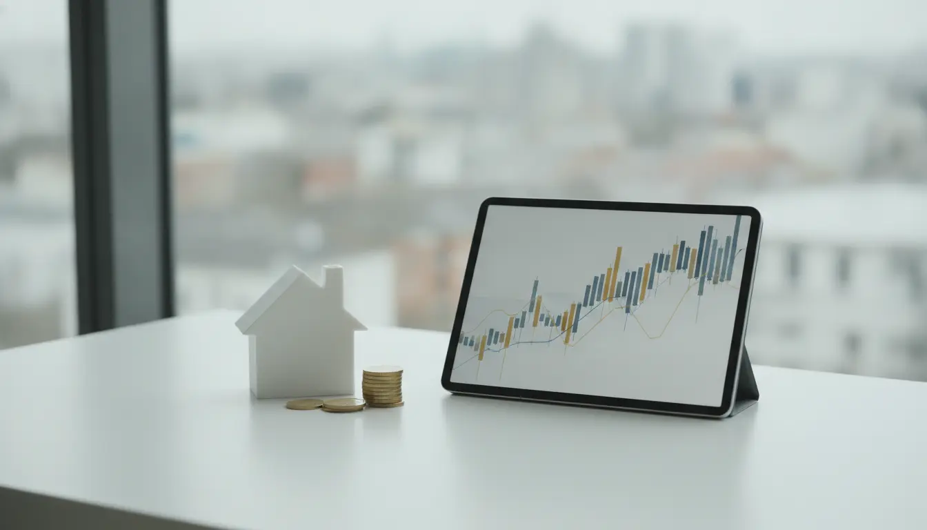 Tablet mit Diagramm, Hausmodell und Münzstapel auf Tisch