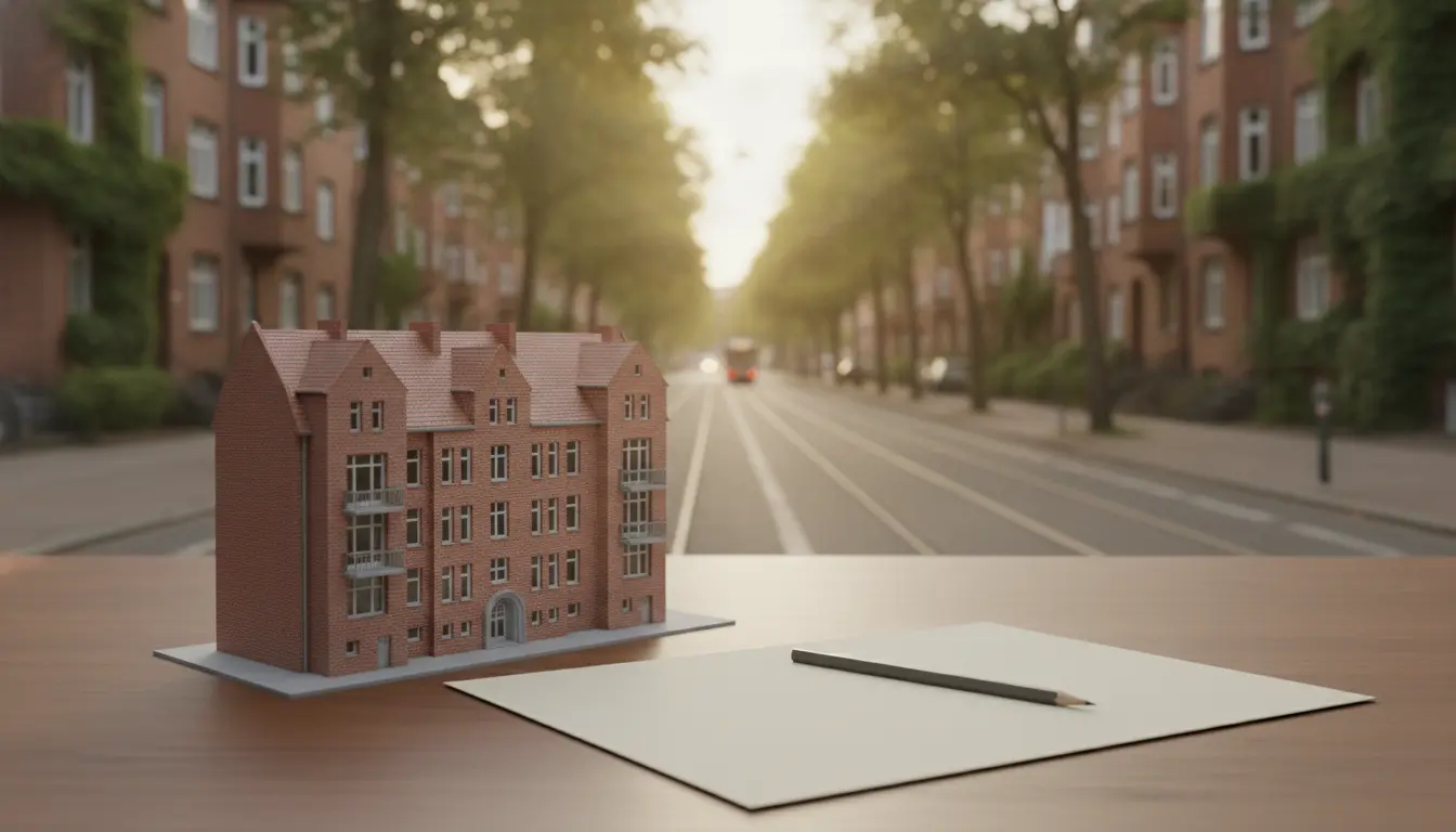 Miniaturmodell eines roten Backsteinhauses auf dem Tisch, Straßenszene dahinter.