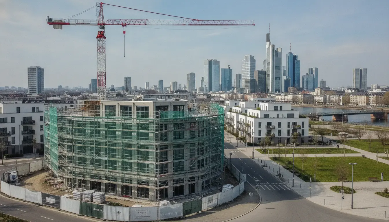 Baukran über rundem Neubau, Skyline im Hintergrund.