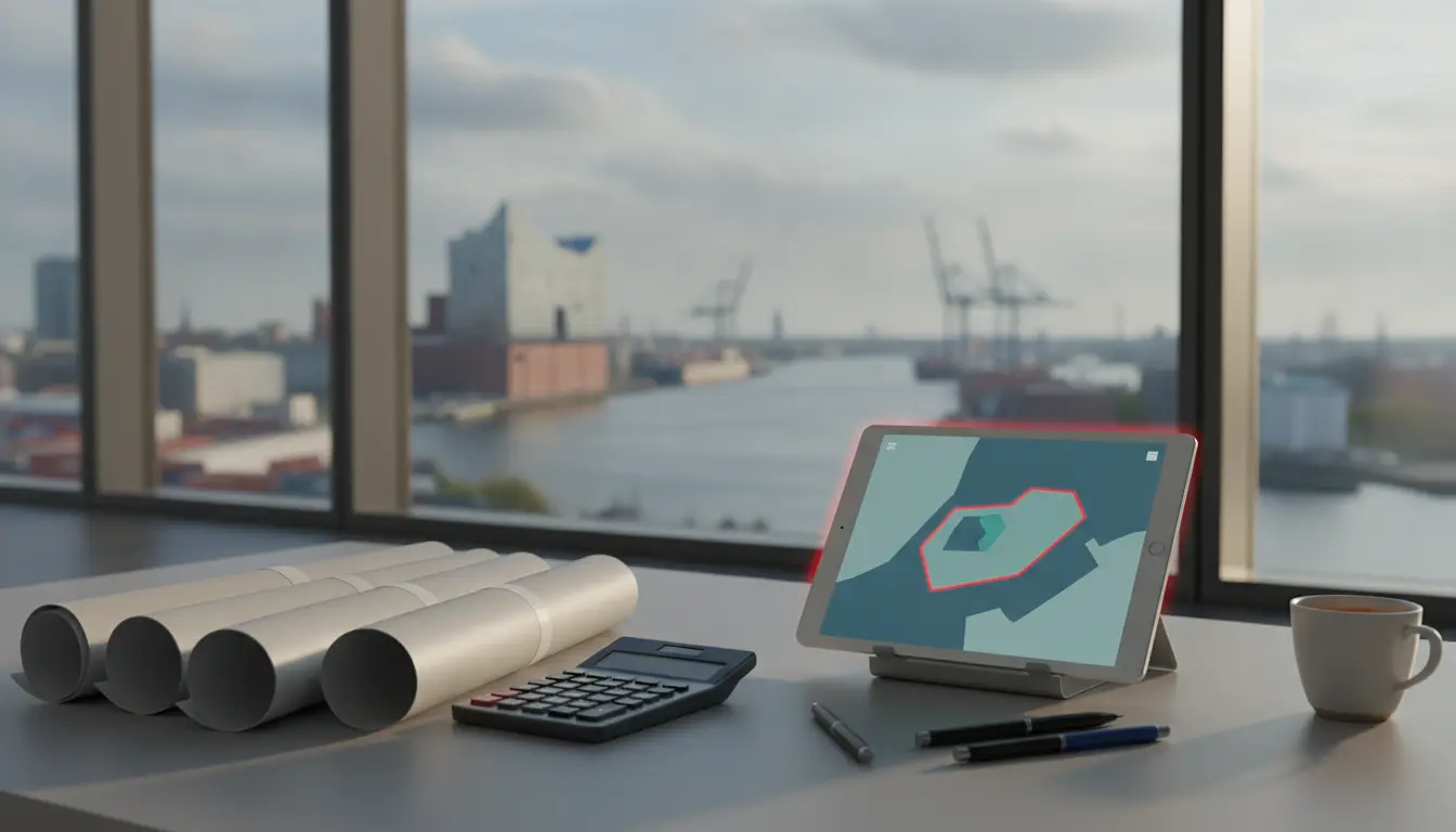 Schreibtisch mit Bauplänen, Tablet und Kaffeetasse.