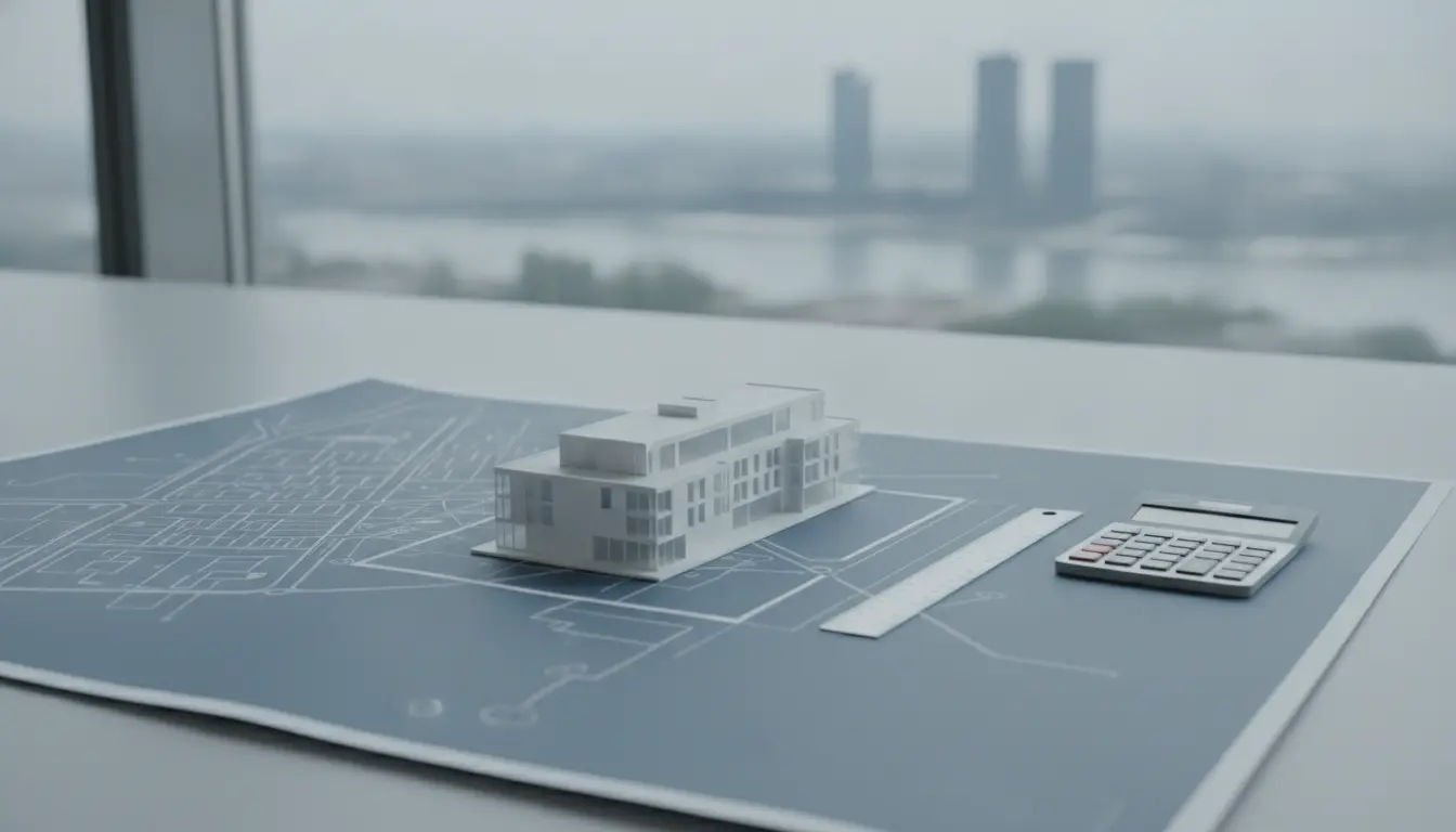 Architekturmodell auf Bauplan mit Taschenrechner