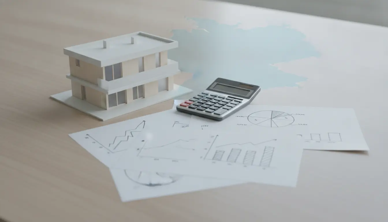 Modellhaus, Taschenrechner und Diagramme auf dem Tisch.