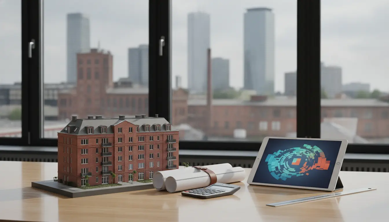 Architekturmodell eines Wohngebäudes mit Plänen auf dem Schreibtisch