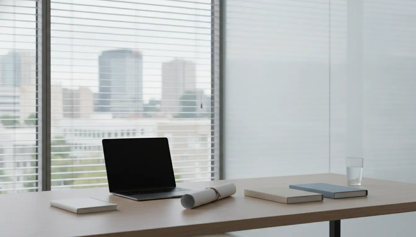Moderner Büroarbeitsplatz am Fenster mit Laptop, Blaupause und Büchern